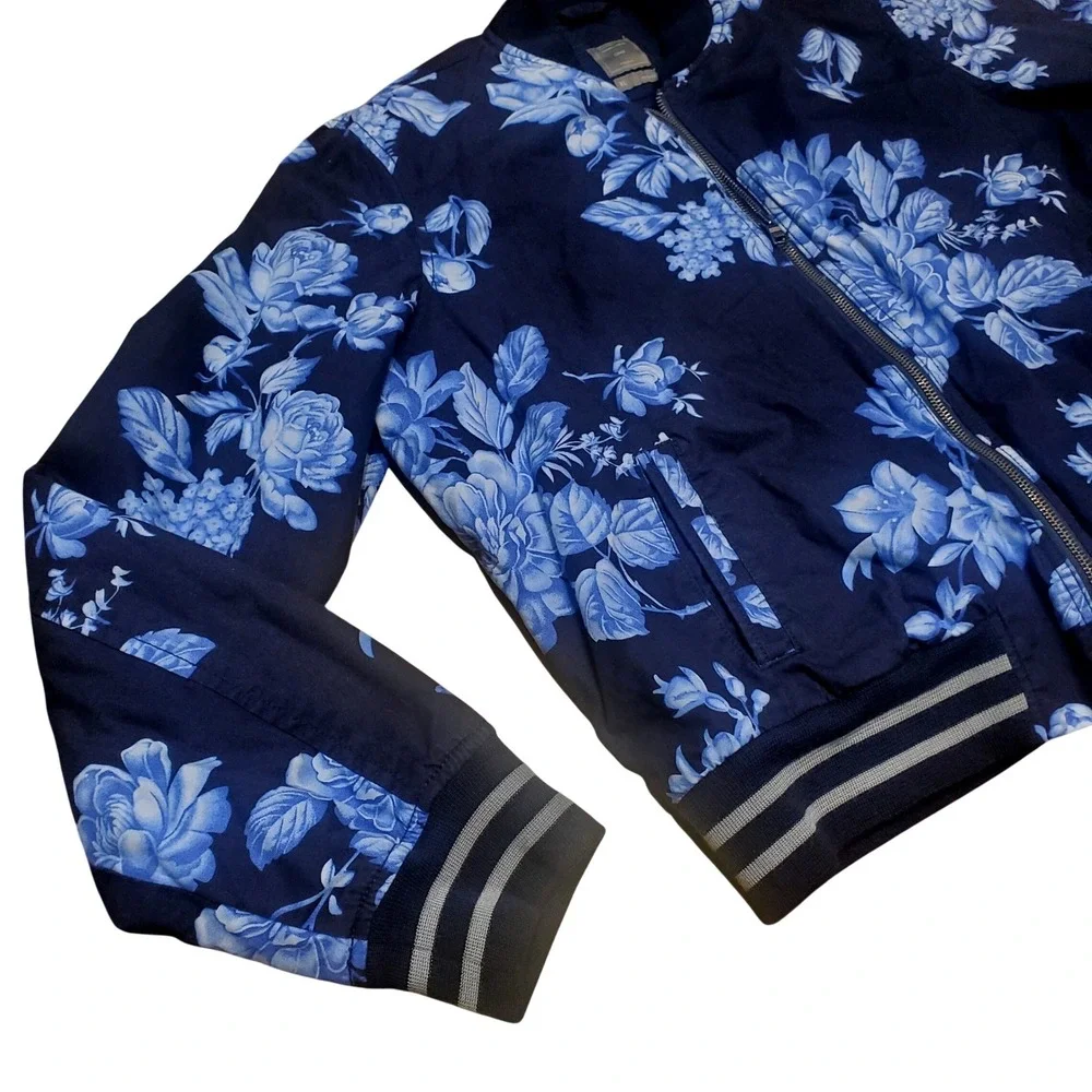 Gap Women Navy Blue‎ Floral Print Bomber Full Zip Jacket Lightweight Size XL